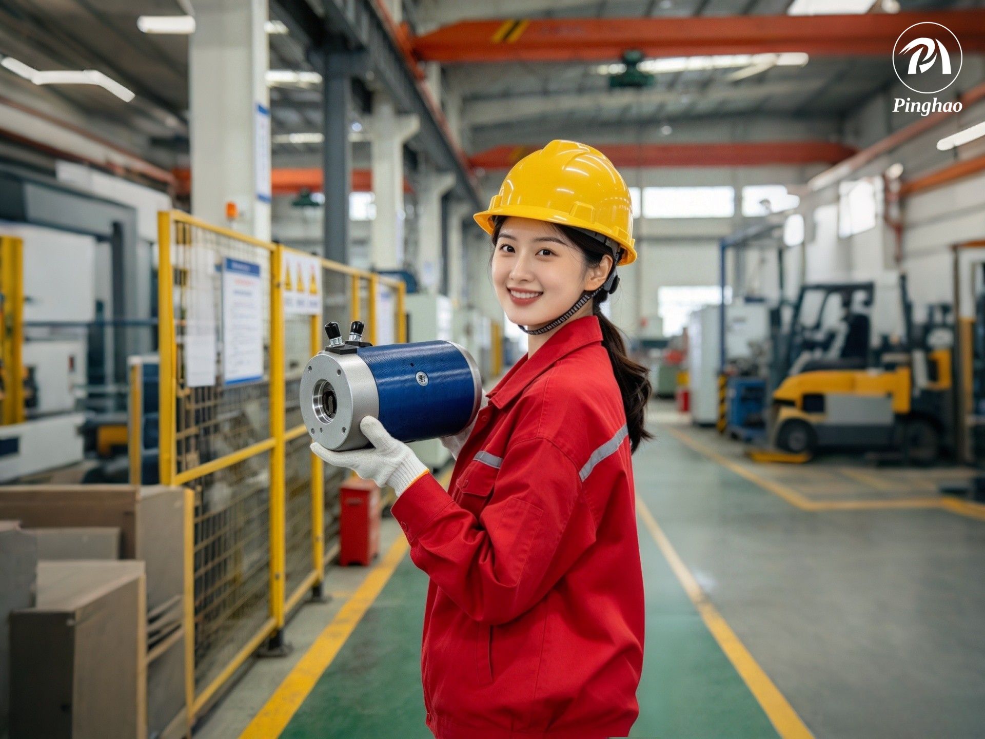 Pinghao female engineer holding a DC motor